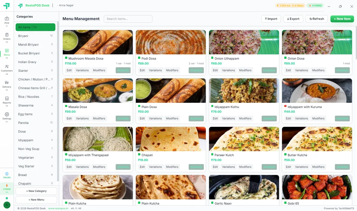 RestoPOS Desktop menu management screen