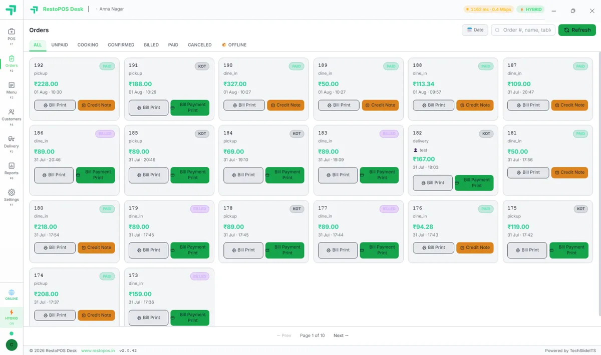 RestoPOS Desktop orders list screen