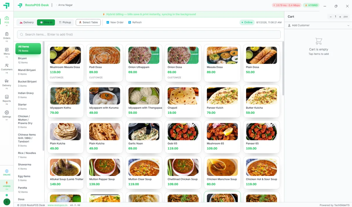 RestoPOS Desktop POS billing screen with menu grid and cart