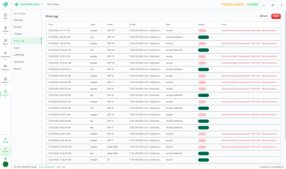 RestoPOS Desktop print log screen