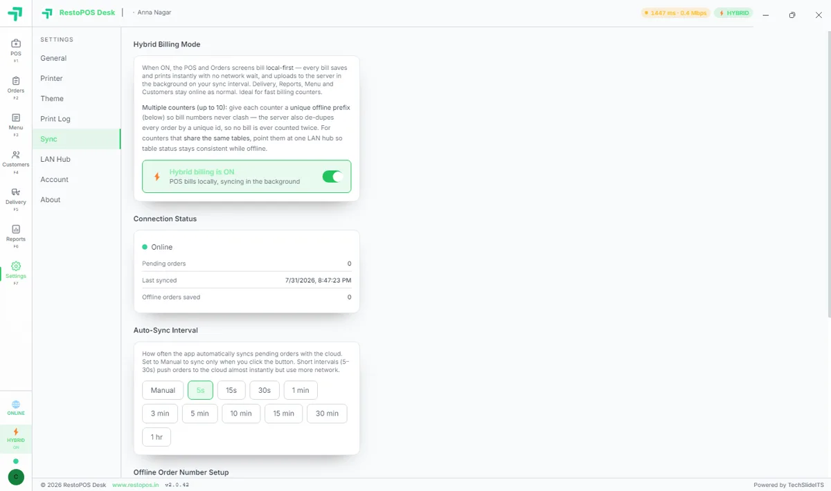 RestoPOS Desktop hybrid billing mode with offline sync and auto-sync interval