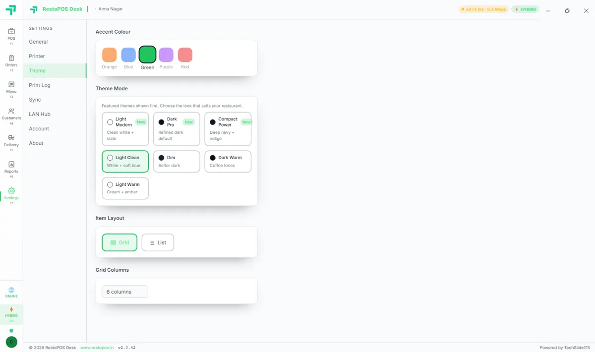 RestoPOS Desktop theme settings screen