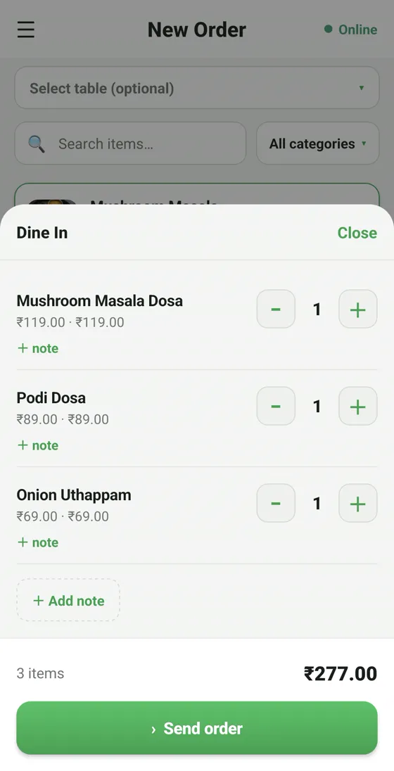 RestoPOS mCAP captain app order review with items, notes and a Send order button