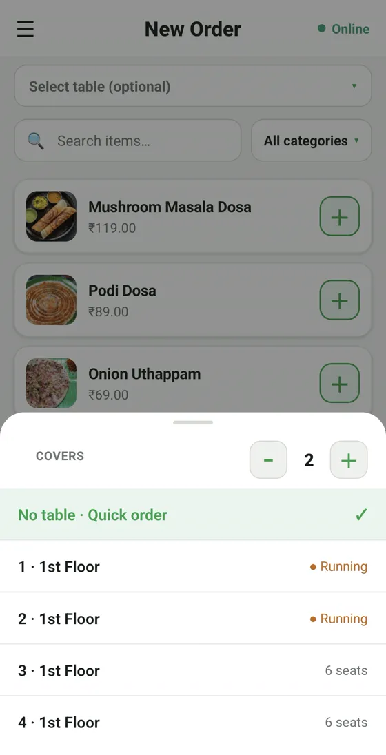 RestoPOS mCAP captain app table and floor selection with covers count