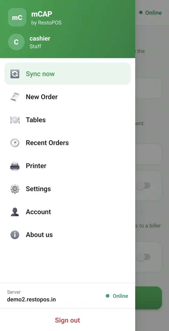 RestoPOS mCAP mobile screen 10