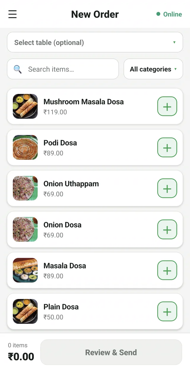 RestoPOS mCAP captain app on a mobile phone with table selection for tableside ordering