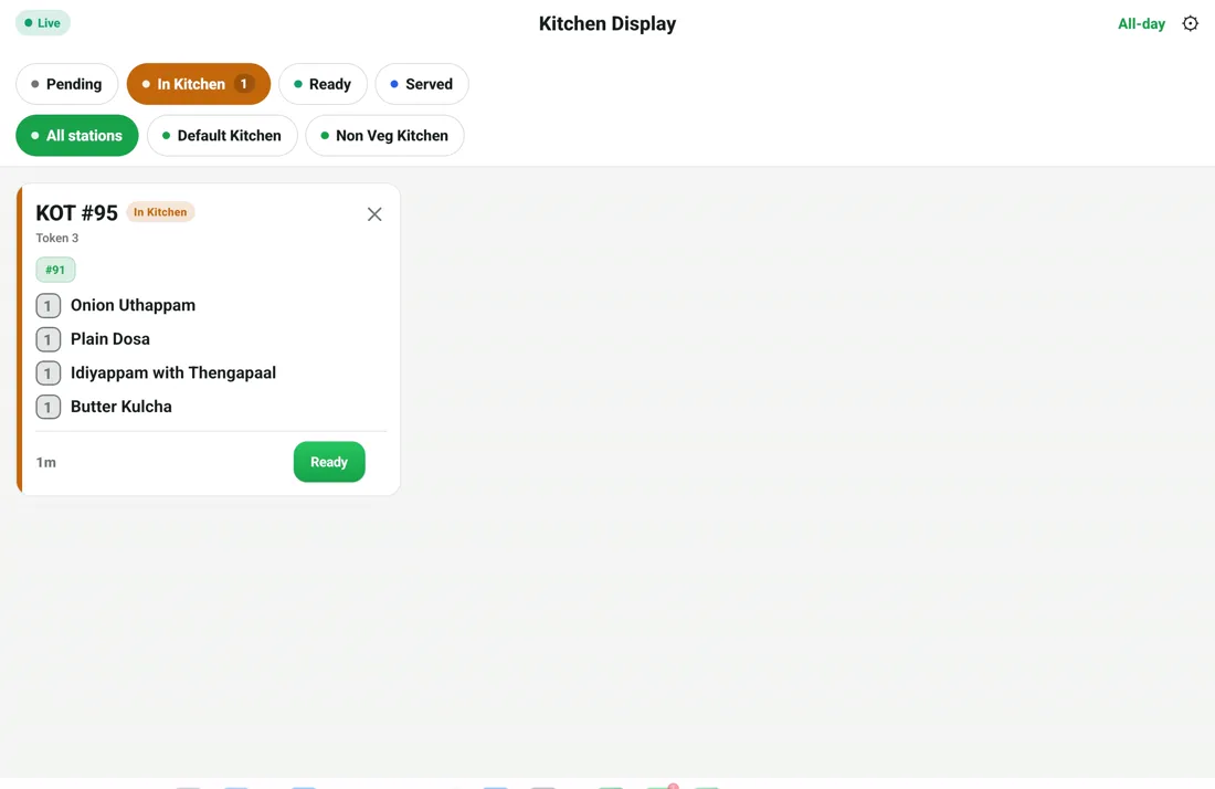 RestoPOS mKOT kitchen display showing an in-kitchen KOT ticket with items, timer and a Ready button