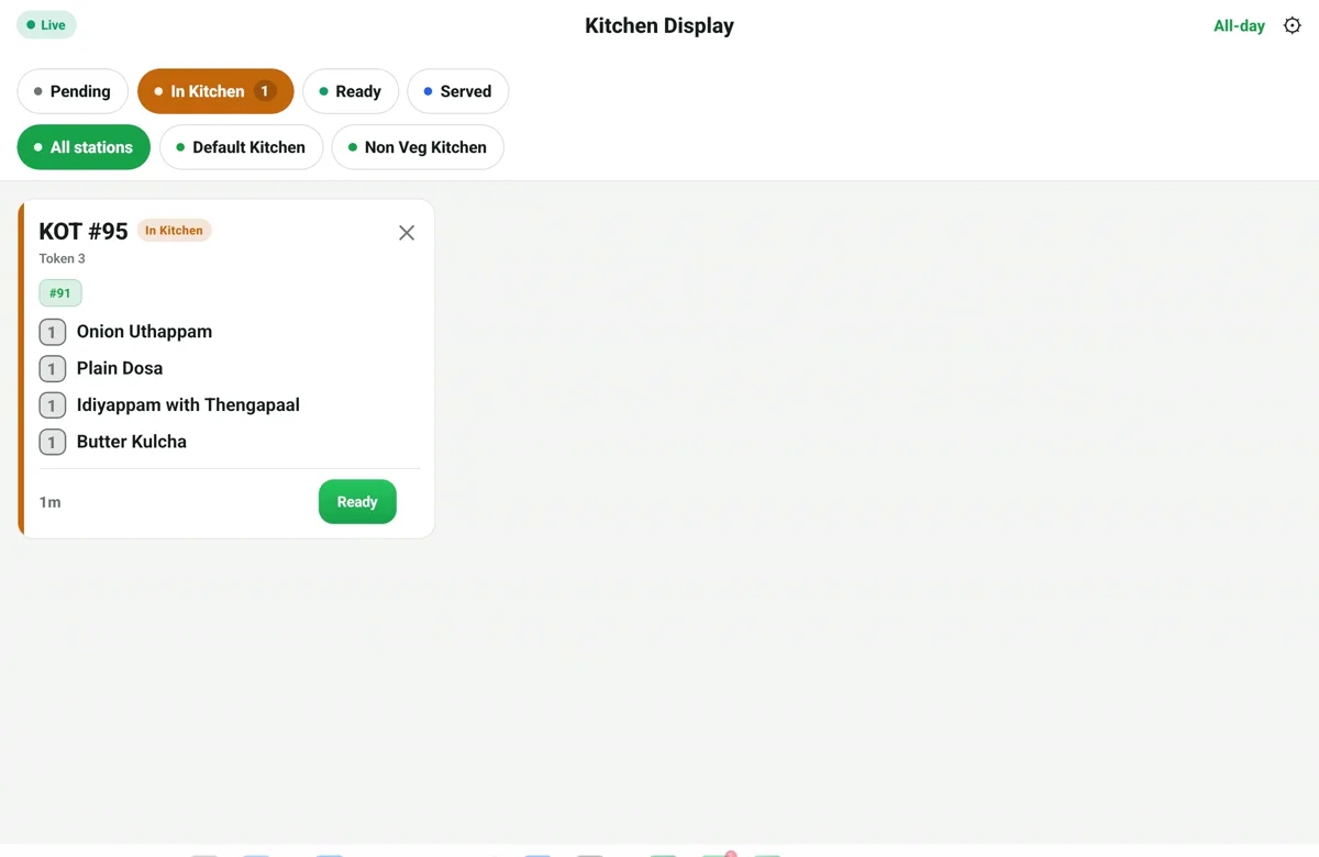 RestoPOS mKOT kitchen display on a tablet showing a live kitchen order ticket with items and a Ready button