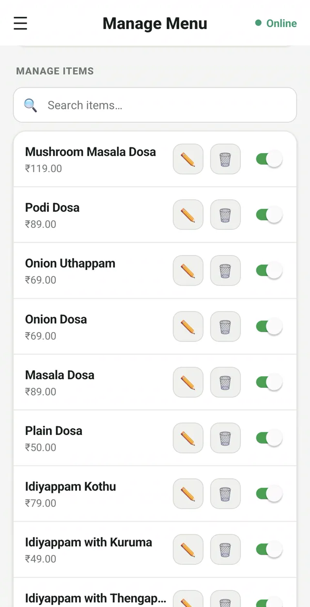 RestoPOS Manage Menu screen to edit items, prices and availability