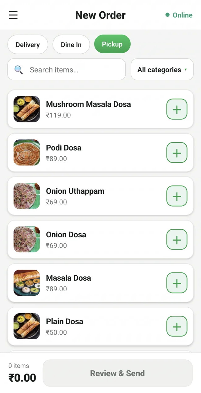 RestoPOS mPOS mobile app New Order screen with menu items and prices in rupees