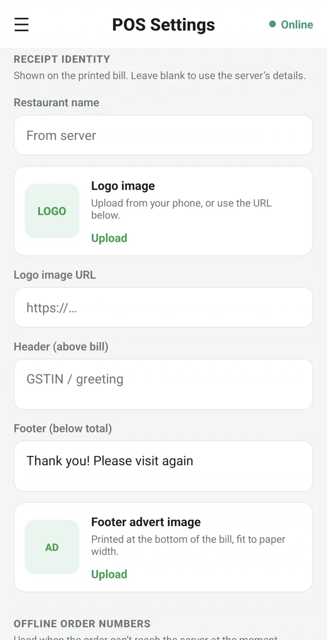 RestoPOS POS settings screen to customise the printed GST bill with logo, GSTIN and footer