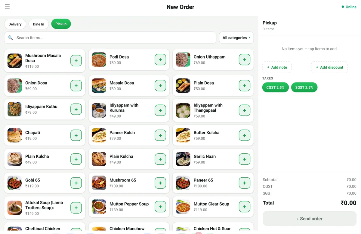 RestoPOS mPOS billing screen on an Android tablet with the menu grid, CGST/SGST tax and a live order panel