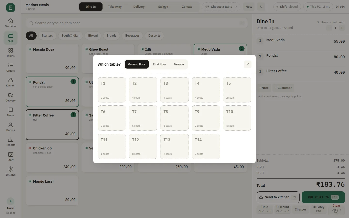 SmartPOS Tables — Sell table picker