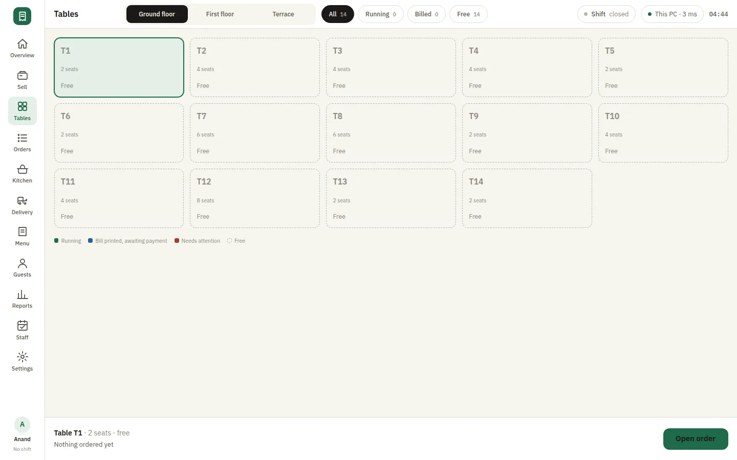 SmartPOS Tables — Tables selected