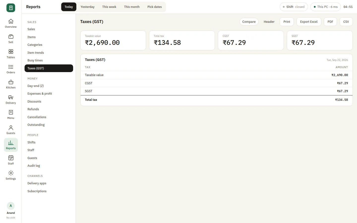 SmartPOS Reports — Report taxes gst