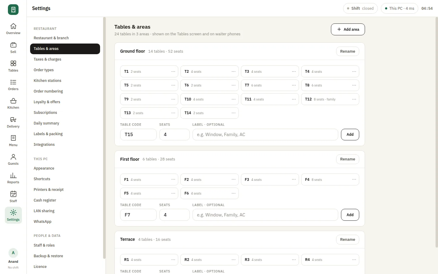 SmartPOS Tables — Settings tables areas
