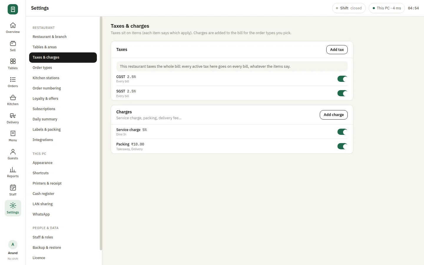 SmartPOS Settings — Settings taxes charges