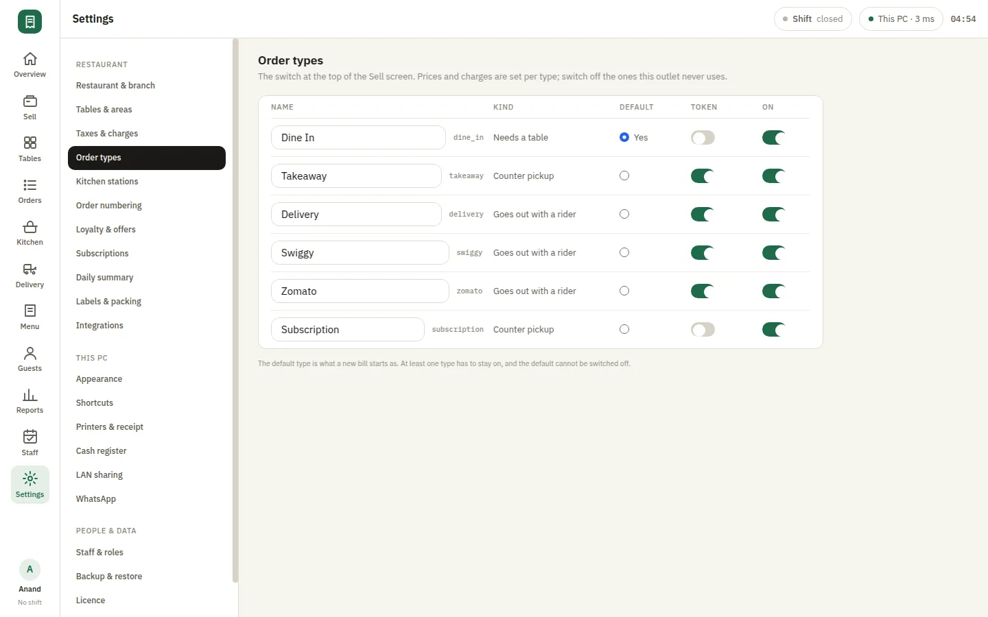 SmartPOS Settings — Settings order types