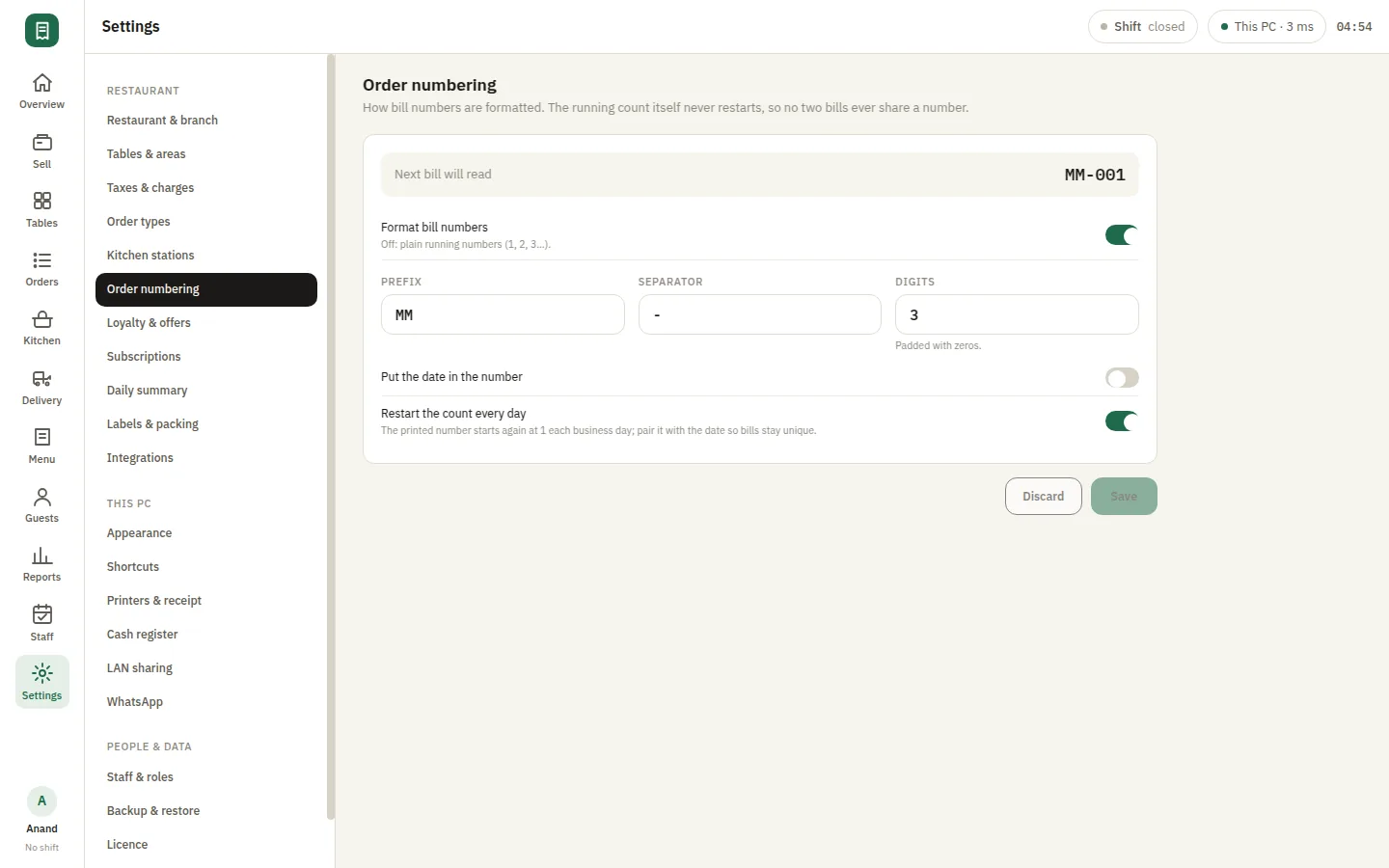 SmartPOS Settings — Settings order numbering