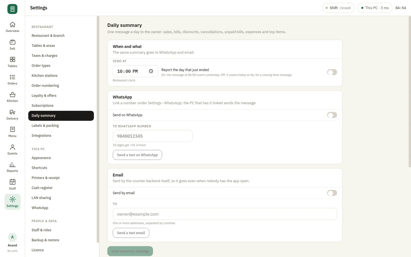 SmartPOS Reports — Settings daily summary