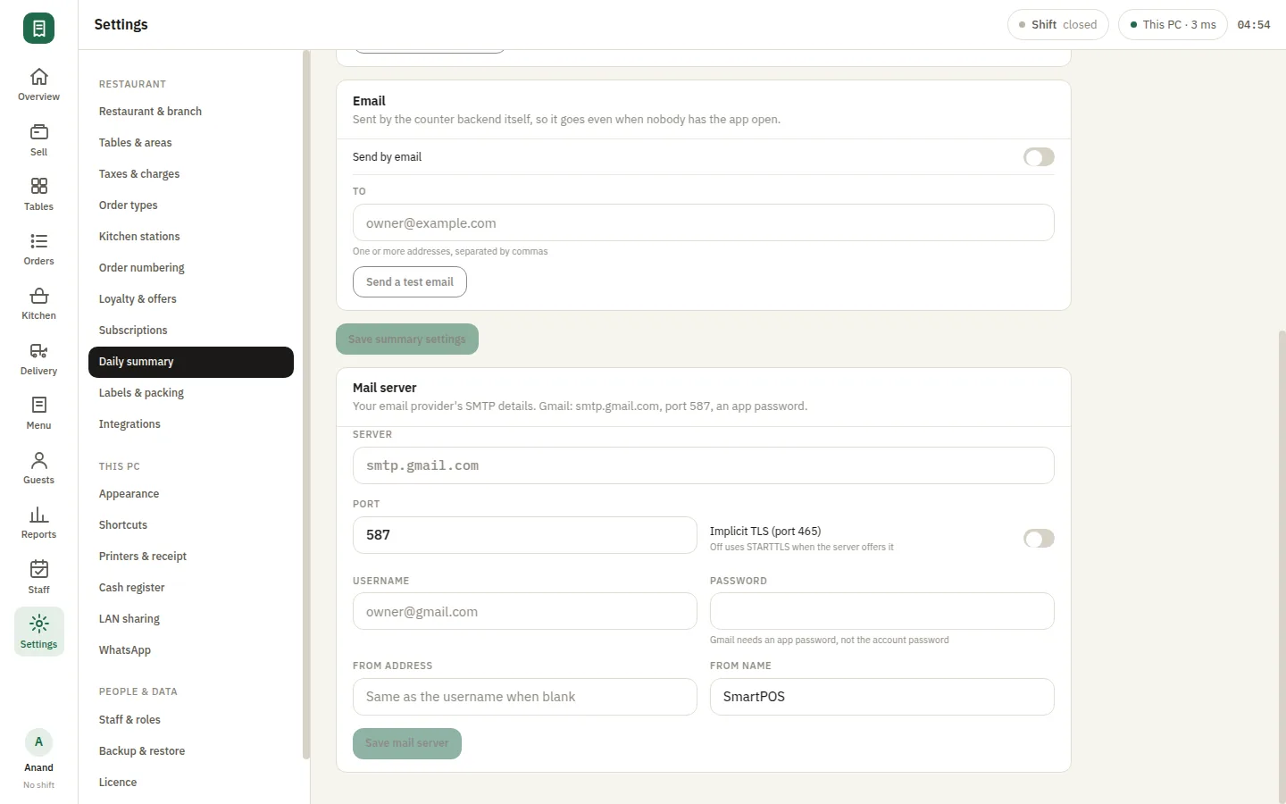 SmartPOS Reports — Settings daily summary more