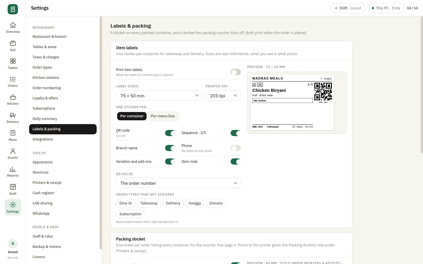 SmartPOS Label print — Settings labels packing