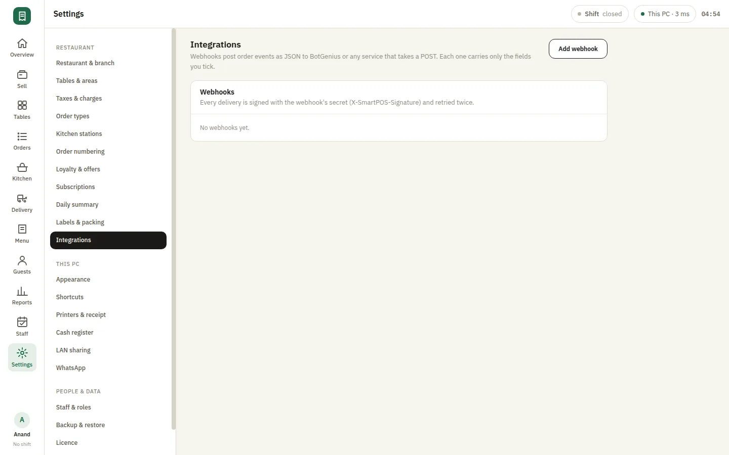 SmartPOS Webhooks — Settings integrations