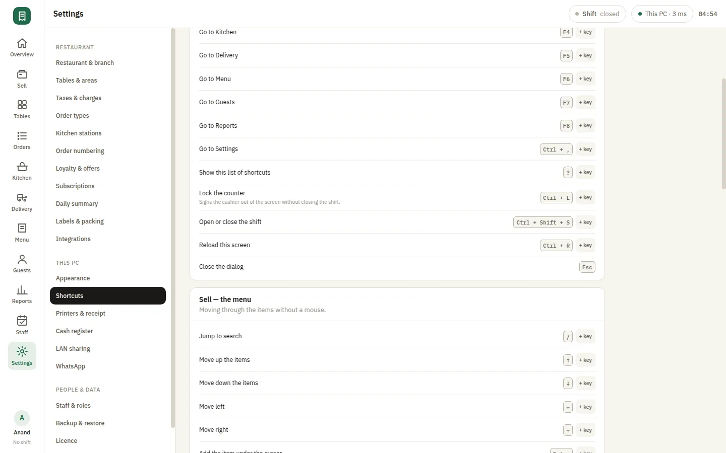 SmartPOS Settings — Settings shortcuts