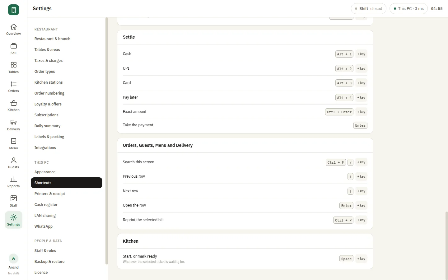 SmartPOS Settings — Settings shortcuts more