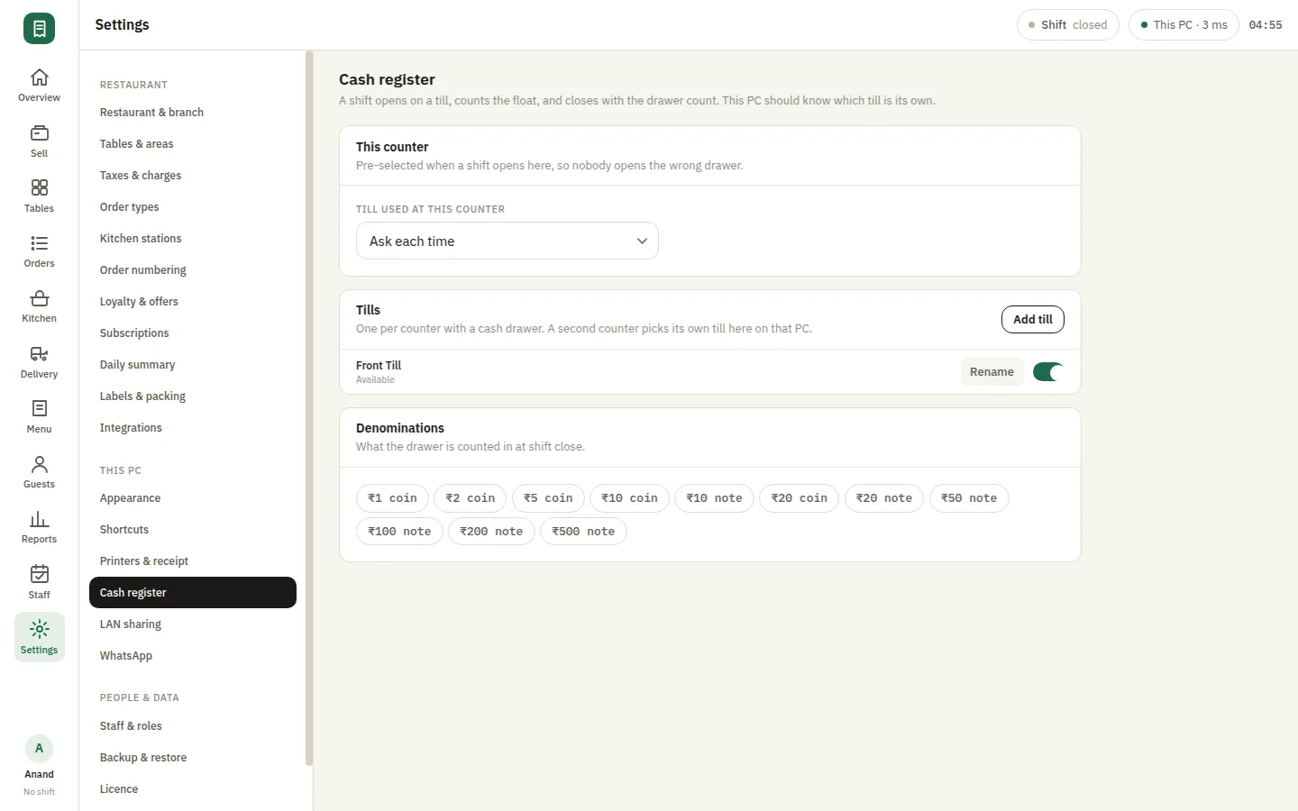 SmartPOS Cash register — Settings cash register