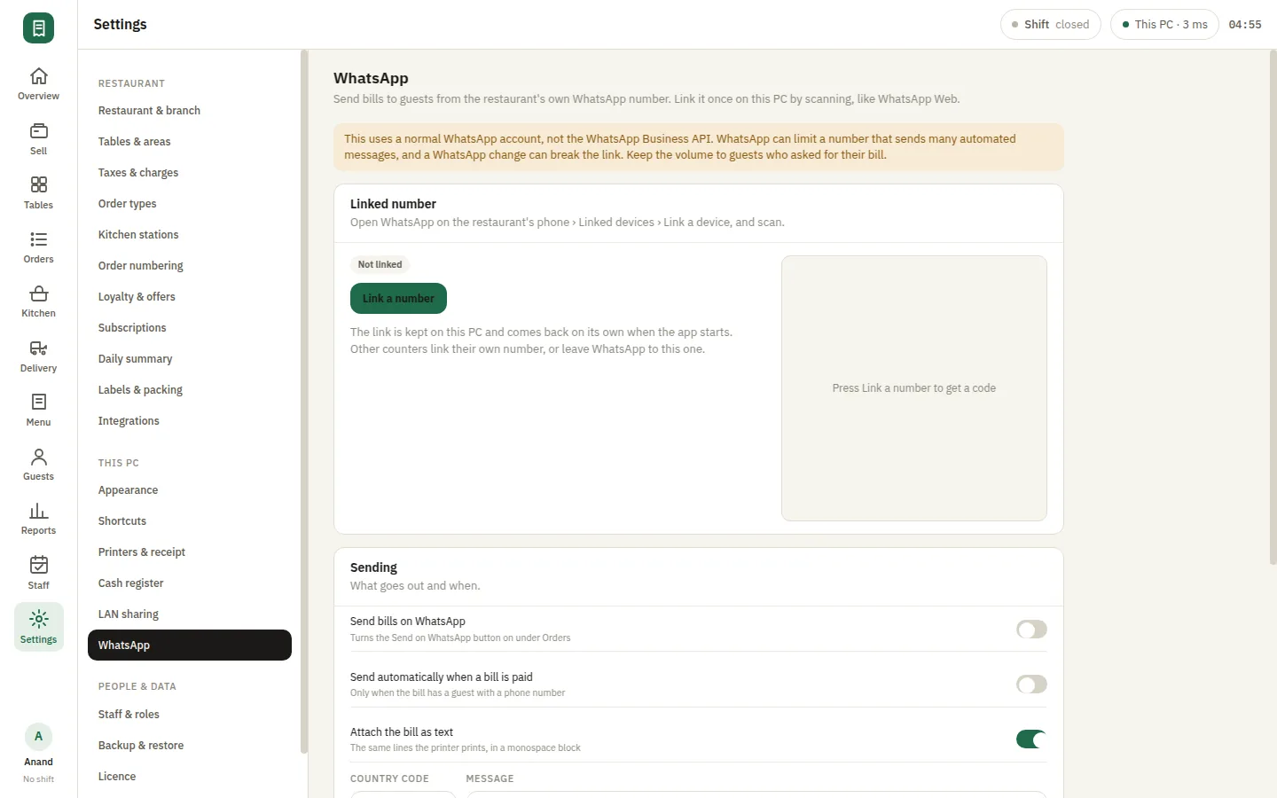 SmartPOS WhatsApp — Settings whatsapp