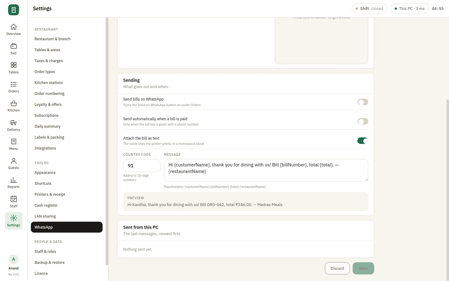 SmartPOS WhatsApp — Settings whatsapp more