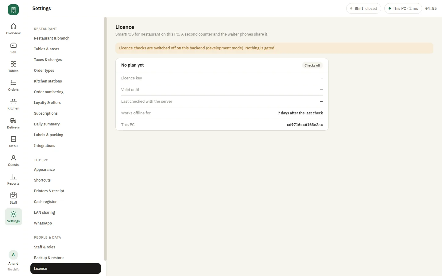 SmartPOS Settings — Settings licence