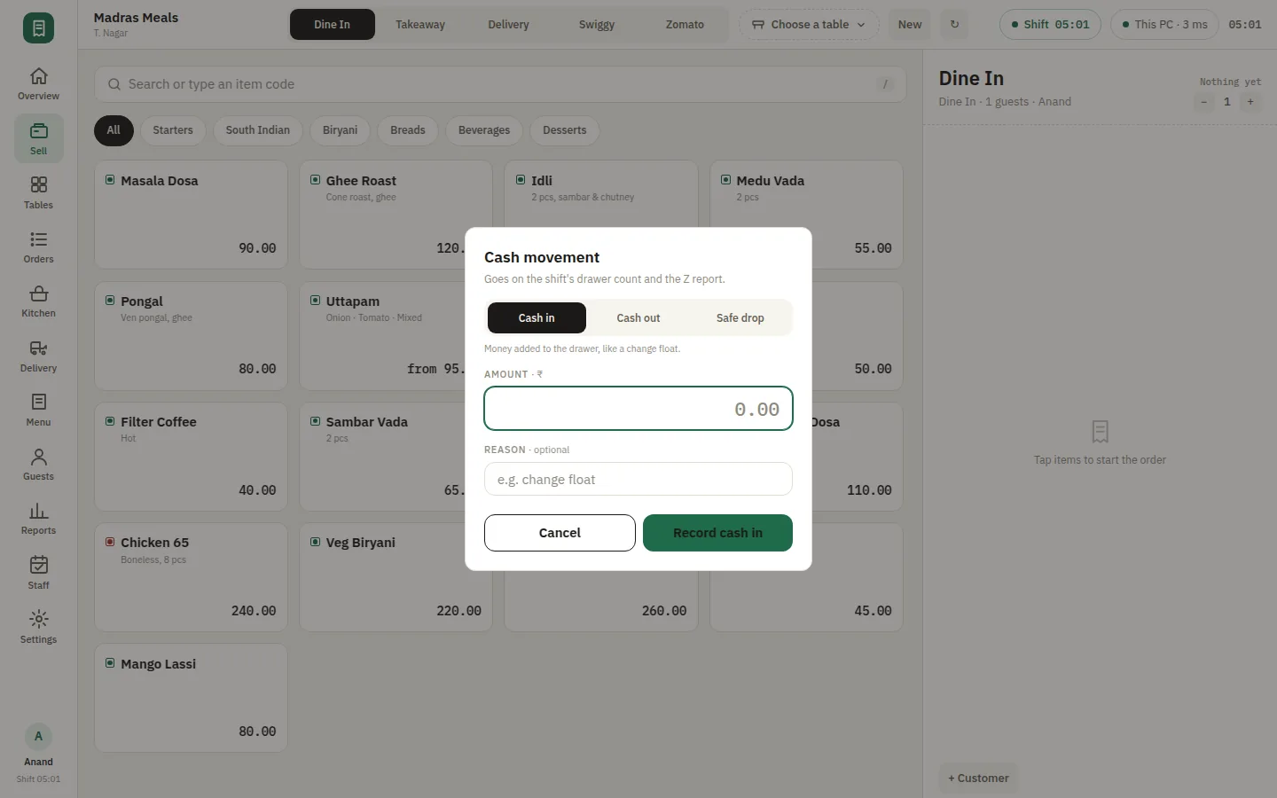 SmartPOS Cash register — Shift cash in